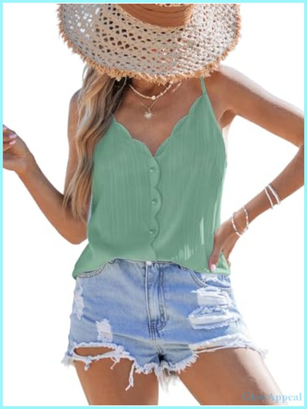 Scallop Trim V Neck Tank Top Sleeveless Spaghetti Strap Blouse
